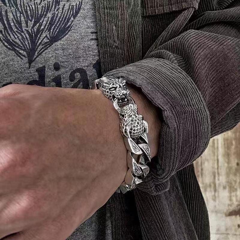 S925 Silver Leopard Horsetail Woven Double Leopard Head Bracelet