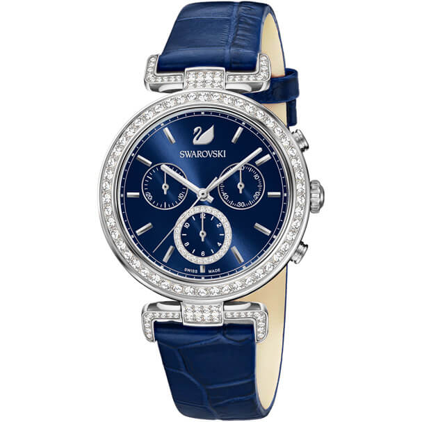 Swarovski montre Era Journey, bracelet en cuir, bleu, ton argenté