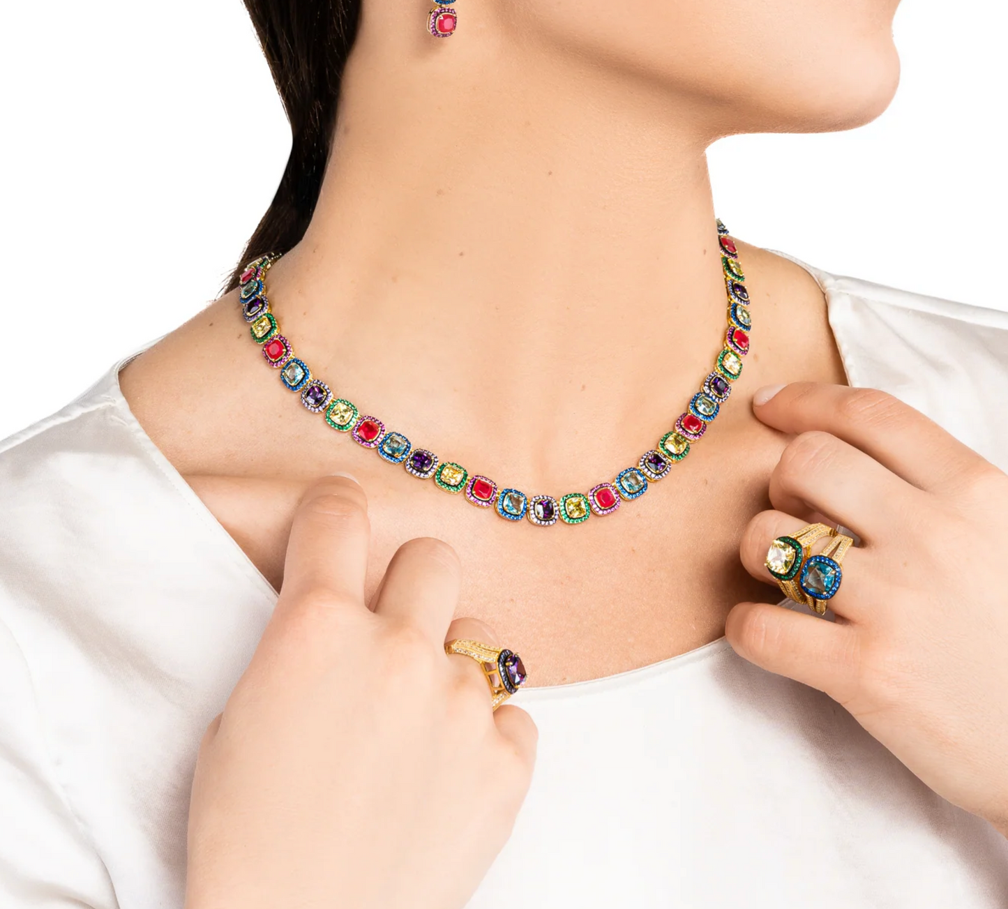 Clara Cloe Ara Macao Necklace in 925 Sterling Silver, 18 kt Yellow Gold Plated with Multicolor Natural Quartz.