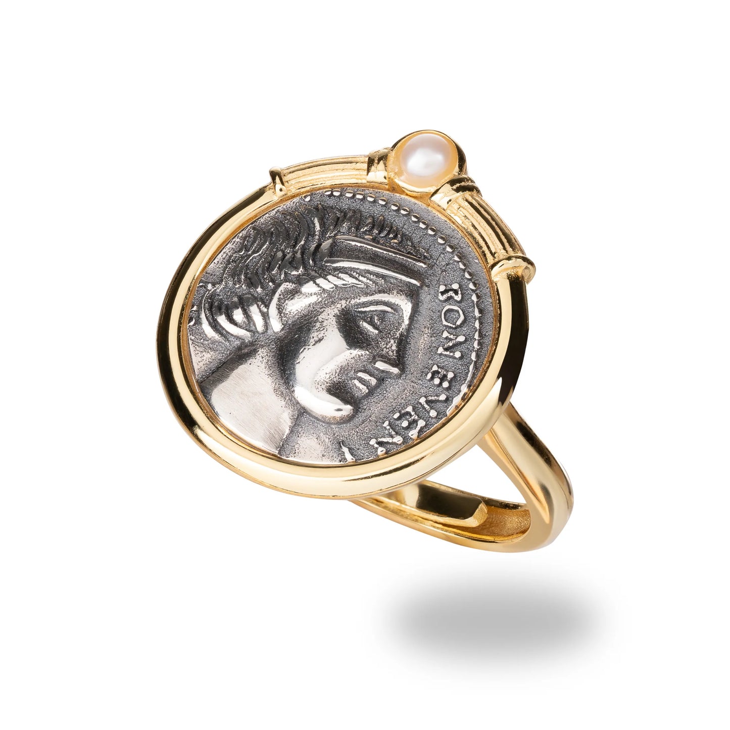 Clara Cloe Denariòs ring in 925 sterling silver plated with 18 kt yellow gold and a small pearl