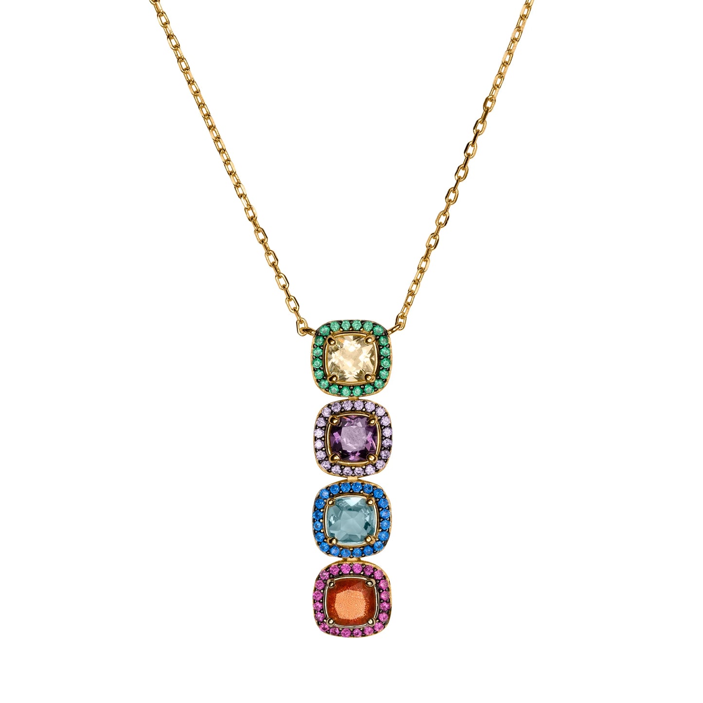 Clara Cloe Ara Macao Necklace in 925 sterling silver plated with 18 kt yellow gold and multicolor natural quartz