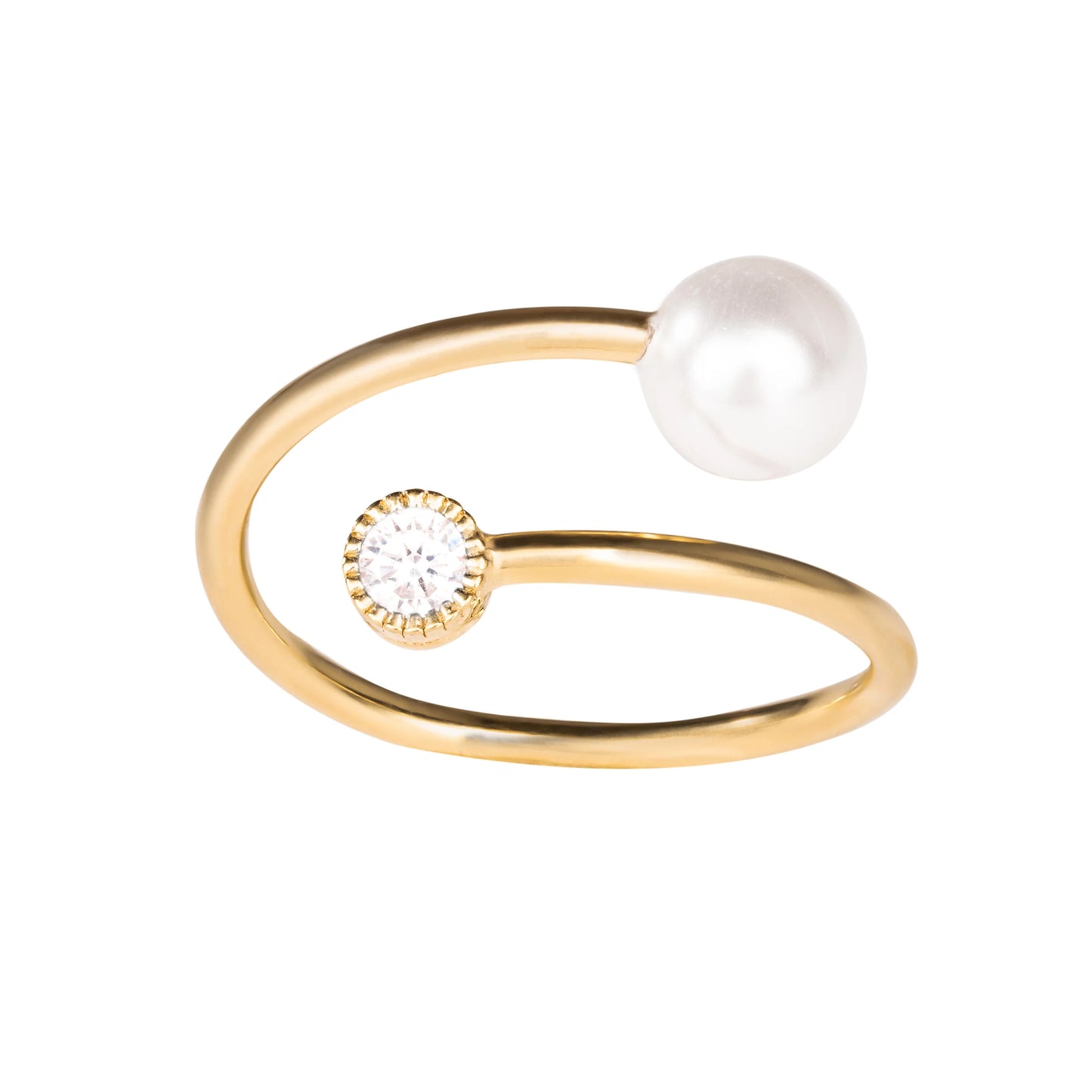 Clara Cloe Piper ring in 925 sterling silver, 18 kt yellow gold plated, with white stone and pearl
