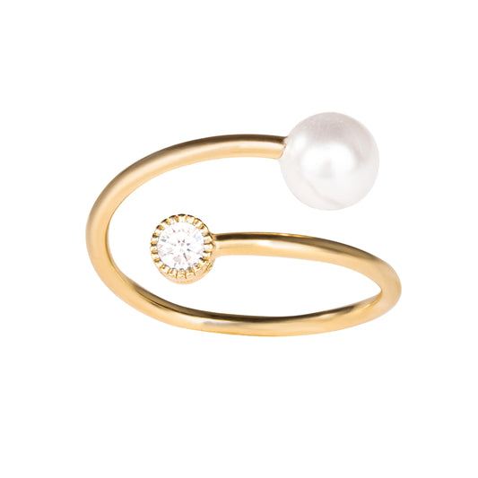 Clara Cloe Piper ring in 925 sterling silver, 18 kt yellow gold plated, with white stone and pearl