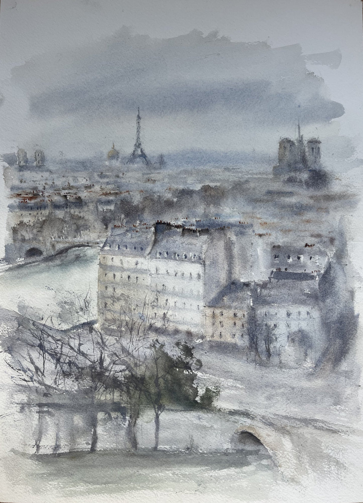 Paris Through the Mist – A View from Bonnie  Original watercolor painting