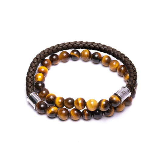 Gemini Bracelet Olympus Twin Oeil Tigre & Cuir Tressé Marron - M 20cm